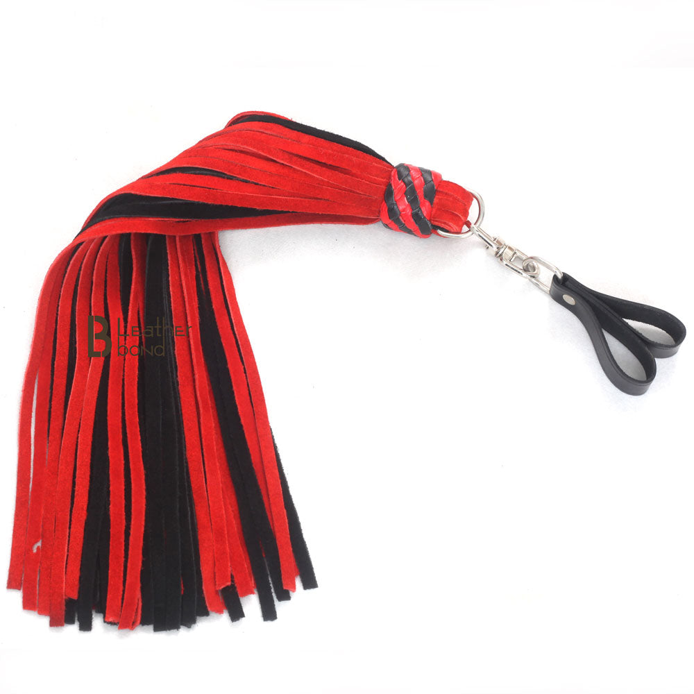 Full view of red and black BDSM finger loop flogger whip with 50 cowhide suede leather falls, perfect for flogger spanking and intimate flogger sex play