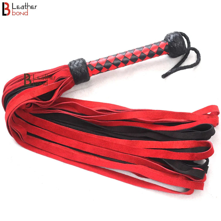 red and black BDSM flogger whip with 50 real suede leather loop falls, ideal for flogger spanking and intense flogger sex scenes