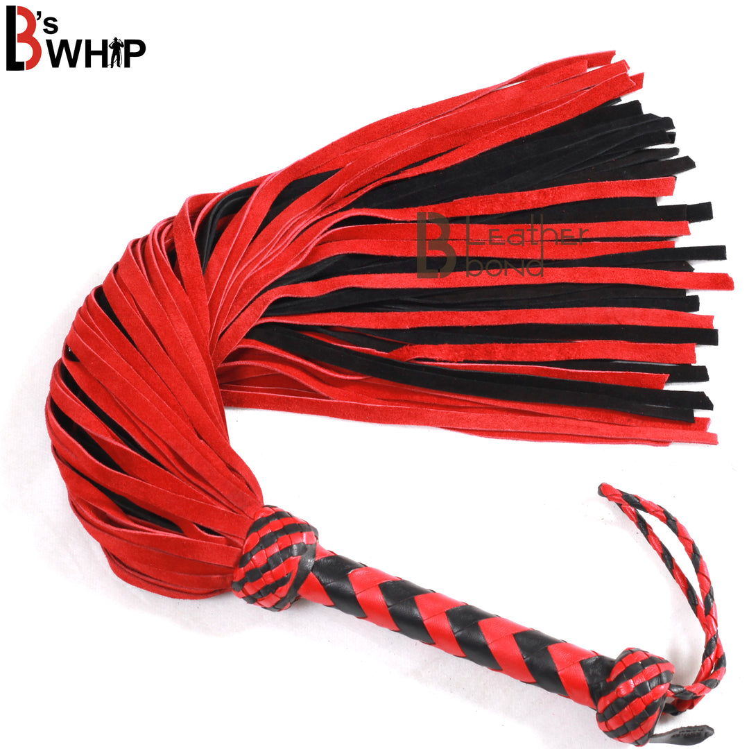 Full view of red and black BDSM flogger whip with 75 suede leather falls, designed for heavy flogger spanking and intense flogger sex scenes.