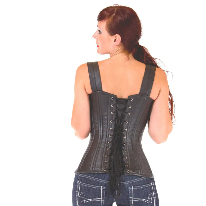 Genuine Real Sheep Leather & Stainless Steel Spiral Bones Over Bust Corset Black Leather Bond