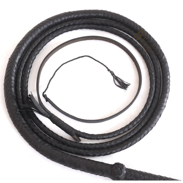 Indiana Jones Style Bull Whip 4 Foot 8 Plaits Real Cow Hide Leather Bullwhip Black - Leather Bond