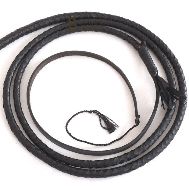 Indiana Jones Style Bull Whip 6 Foot 8 Plaits Real Cow Hide Leather Bullwhip Black - Leather Bond