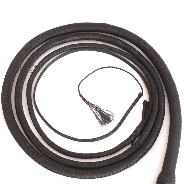 Indiana Jones Style Whip 06 to 16 Feet 12 Strands Bullwhip Black Para Cord Nylon Bull Whip with Leather Plaited Bellies - Leather Bond