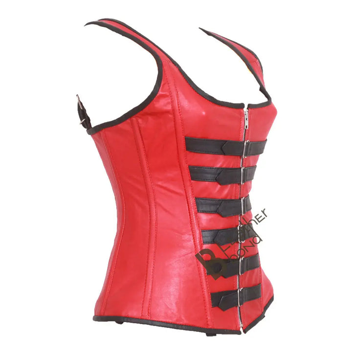 Genuine Real Sheep Leather & Stainless Steel Spiral Bones Over Bust Corset Red Leather Bond