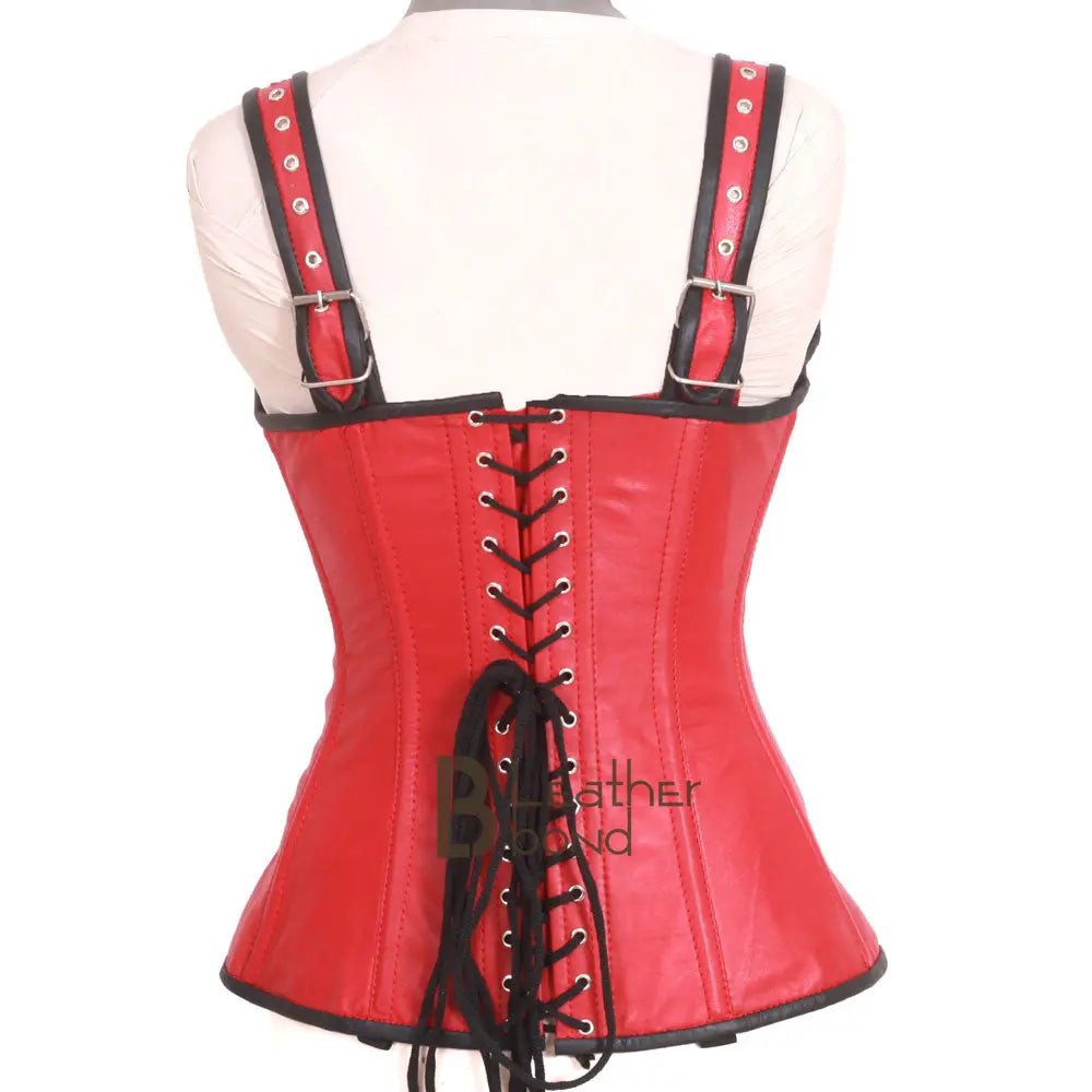 Genuine Real Sheep Leather & Stainless Steel Spiral Bones Over Bust Corset Red Leather Bond