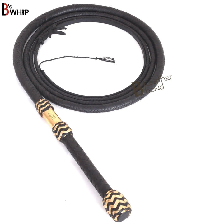 Bull Whip 6, 8, 10, 12, 14 & 16 Feet long 16 Strands Black Kangaroo Hide Leather Equestrian Bullwhip Gold Accents & Ferrule Leather Belly & Bolster Construction - Leather Bond