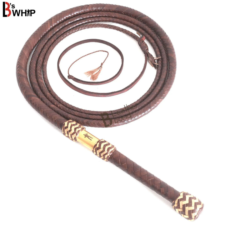 Bull Whip 6, 8, 10, 12, 14 & 16 Feet long 16 Strands Brown Kangaroo Hide Leather Equestrian Bullwhip Gold Accents & Ferrule Leather Belly & Bolster Construction - Leather Bond