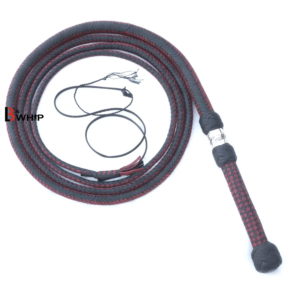 Zoro Whip 6, 8, 10, 12, 14 and 16 Feet long 16 Strands Zoro Bullwhip Black Para Cord Nylon Bull Whip with Leather Plaited Bellies - Leather Bond