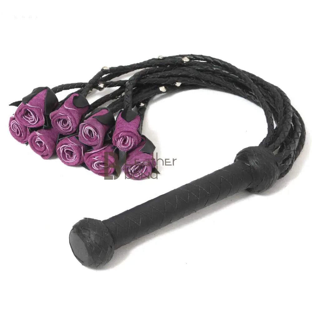 Real Genuine Cowhide Leather Flogger 9 Braided Falls Heavy Purple Roses & Steel Studs Cat-o-nine Tails Flog - Leather Bond