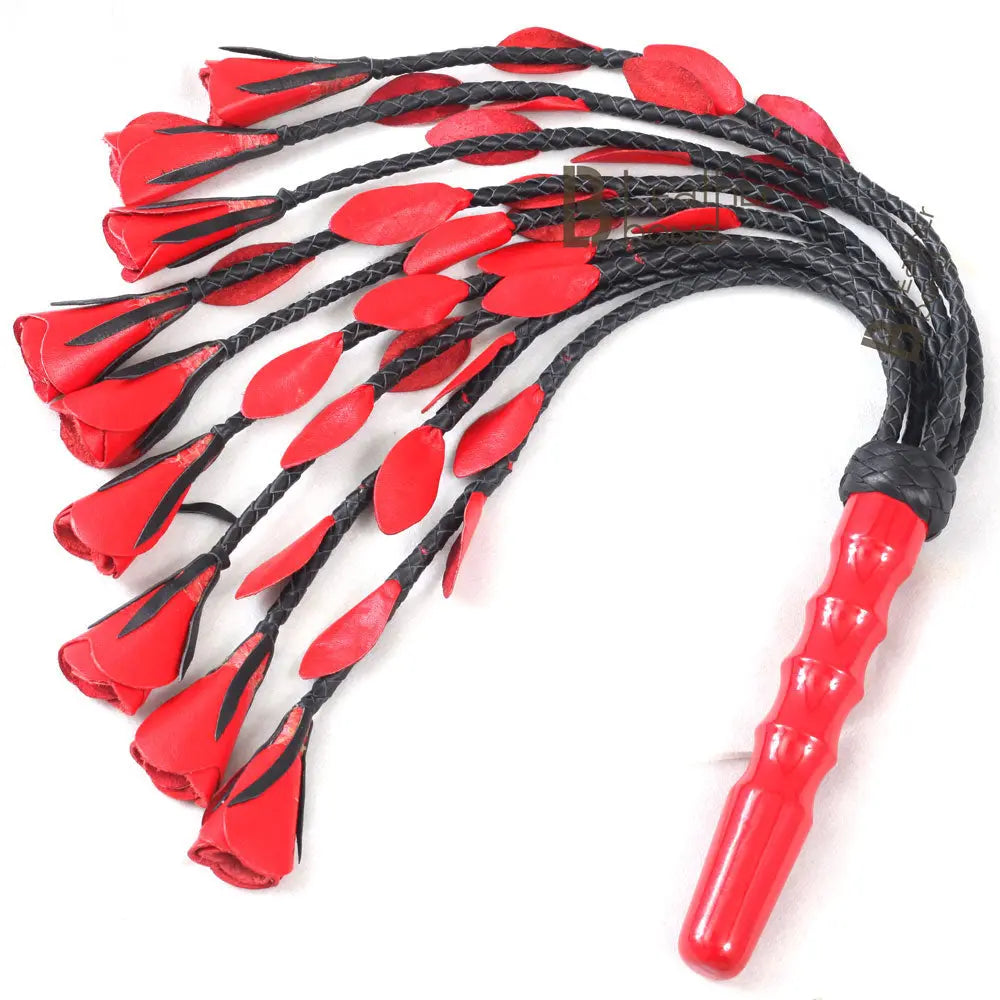 Real Genuine Cow Hide Leather Flogger 9 Braided Falls & Red Rose Heavy Duty Cat-o-nine Tails Flogger - Leather Bond