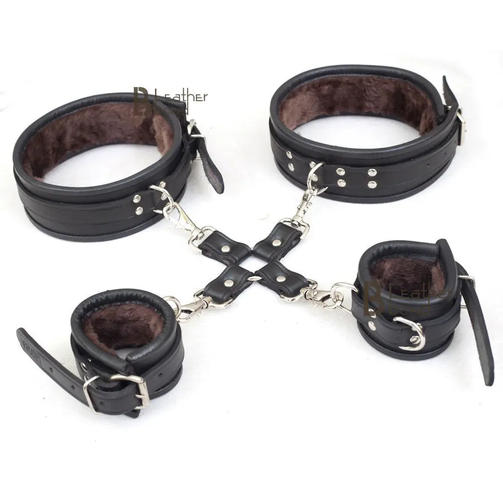 Real Cowhide Leather Wrist & Thigh Cuffs set Restraint Bondage Set Black 5 Piece set Fur line Cuffs with Hogtie - Leather Bond