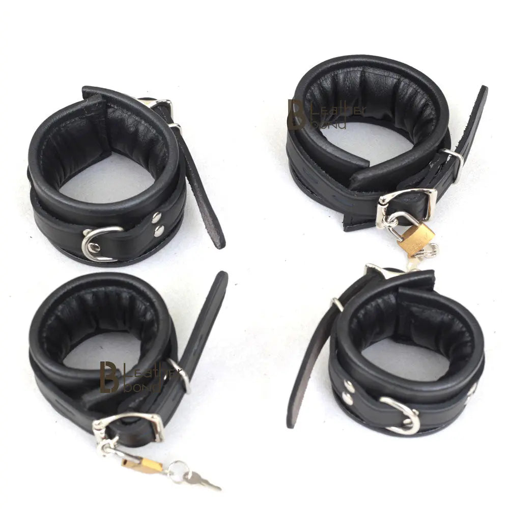 Real Cow Leather Wrist & Ankle Cuffs Set Restraint Bondage Lockable Set Black 4 Piece Padded Cuffs - Leather Bond