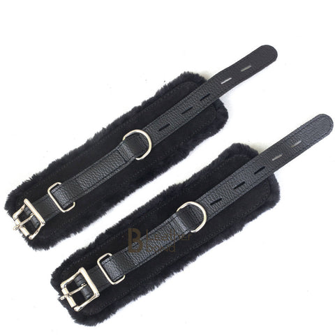 Real Cowhide Suede Leather Wrist and Ankle Cuffs Restraint Bondage Set Black 5 Piece Padded Fluffy Fur Lining - Leather Bond