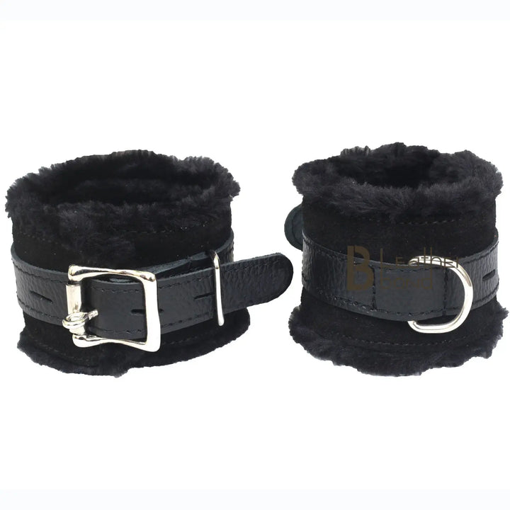 Real Cowhide Suede Leather Wrist and Ankle Cuffs Restraint Bondage Set Black 5 Piece Padded Fluffy Fur Lining - Leather Bond