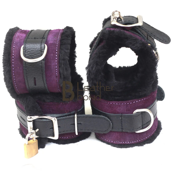 Real Cowhide Suede Leather Wrist and Ankle Cuffs Restraint Bondage Set Purple & Black 5 Piece Padded Fluffy Fur Lining - Leather Bond