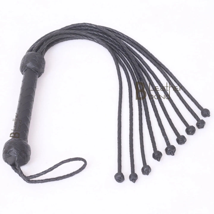 Real Genuine Cow Hide Leather Flogger Cat O Nine Braided Falls Sturdy Naughts 09 Falls Flogger Black - Leather Bond