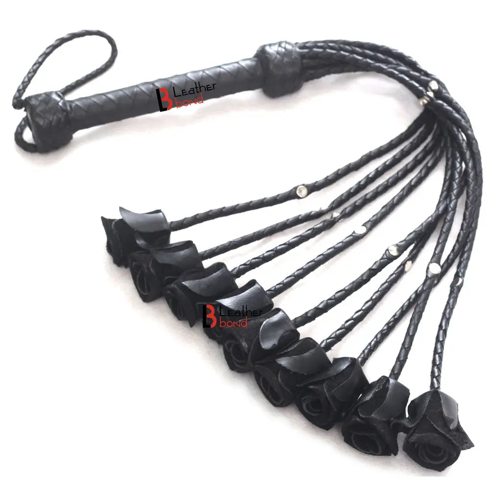 Rose Flogger Real Genuine Cowhide Leather 9 Braided Falls Heavy Black Roses & Steel Studs Cat-o-nine Tails - Leather Bond