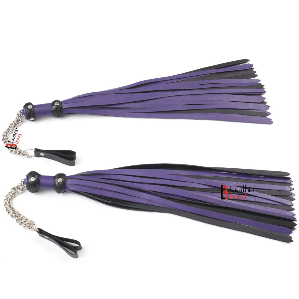 Real Genuine Cowhide Leather Finger Loop Flogger 25 Falls Purple Black Heavy Duty Thuddy Flog whip - Leather Bond