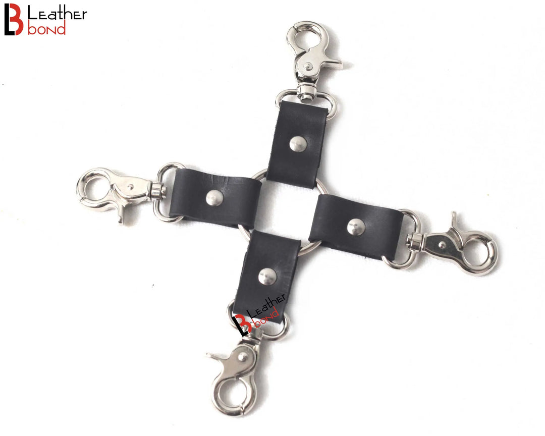 Bondage Hog Tie Connector Four way Swivel Snap Clips and Leather Straps Total 8 inches long Leather Bond