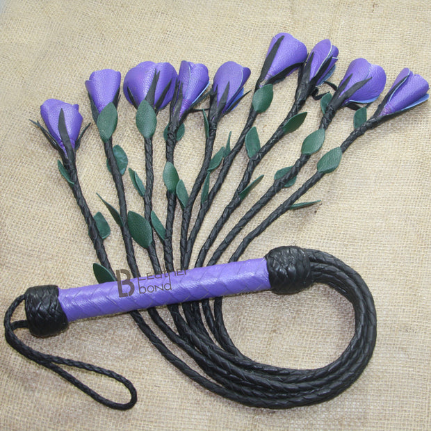 Real Genuine Cow Hide Leather Flogger 9 Braided Falls & Purple Roses Heavy Duty Cat O Nine Rose Flogger - Leather Bond