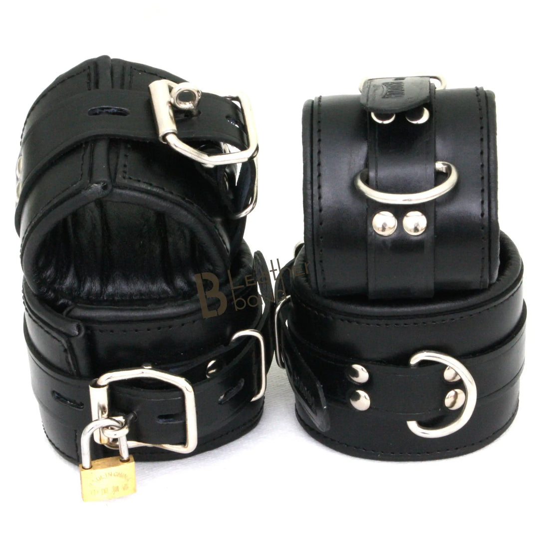 Real Cow Leather Wrist & Ankle Cuffs Set Restraint Bondage Lockable Set Black 4 Piece Padded Cuffs Hogtie included - Leather Bond