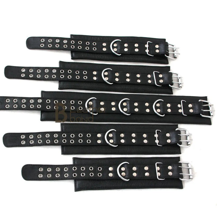 Real Top Grain Leather Wrist, Ankle Cuffs & Neck Collar Restraint Set Black 5 Pieces - Leather Bond