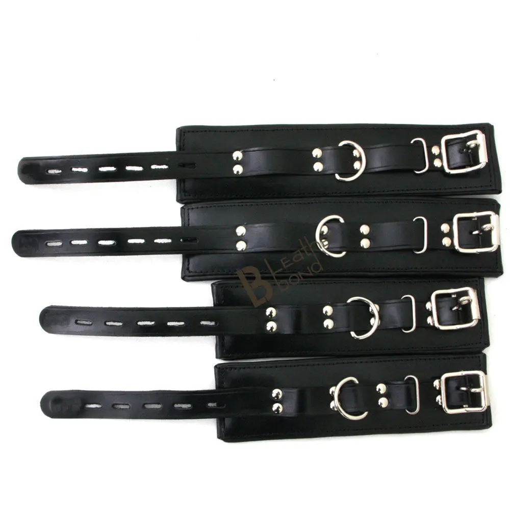 Real Cow Leather Wrist & Ankle Cuffs Set Restraint Bondage Lockable Set Black 4 Piece Padded Cuffs Hogtie included - Leather Bond