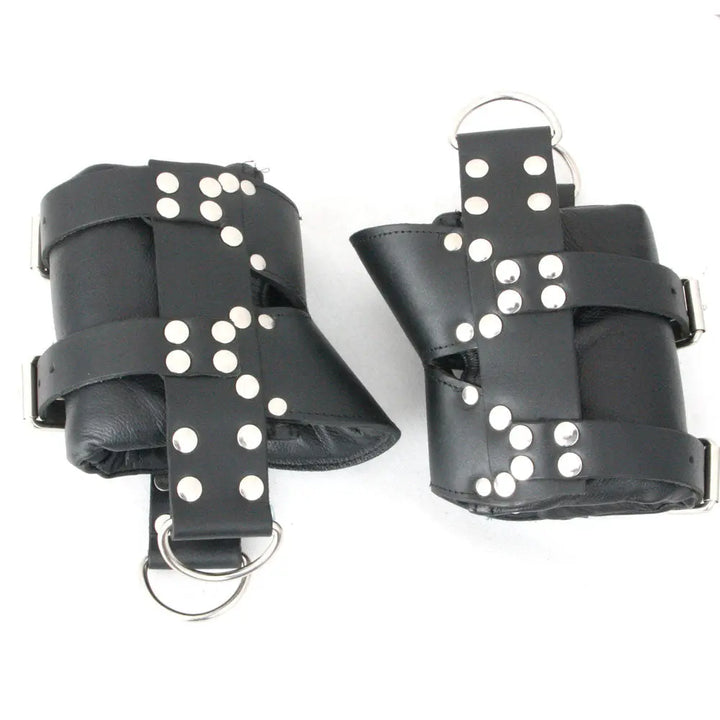 Real Strong Leather Ankle Boot Cuffs , Suspension Restraint Bondage Set 2 Pieces Black - Leather Bond