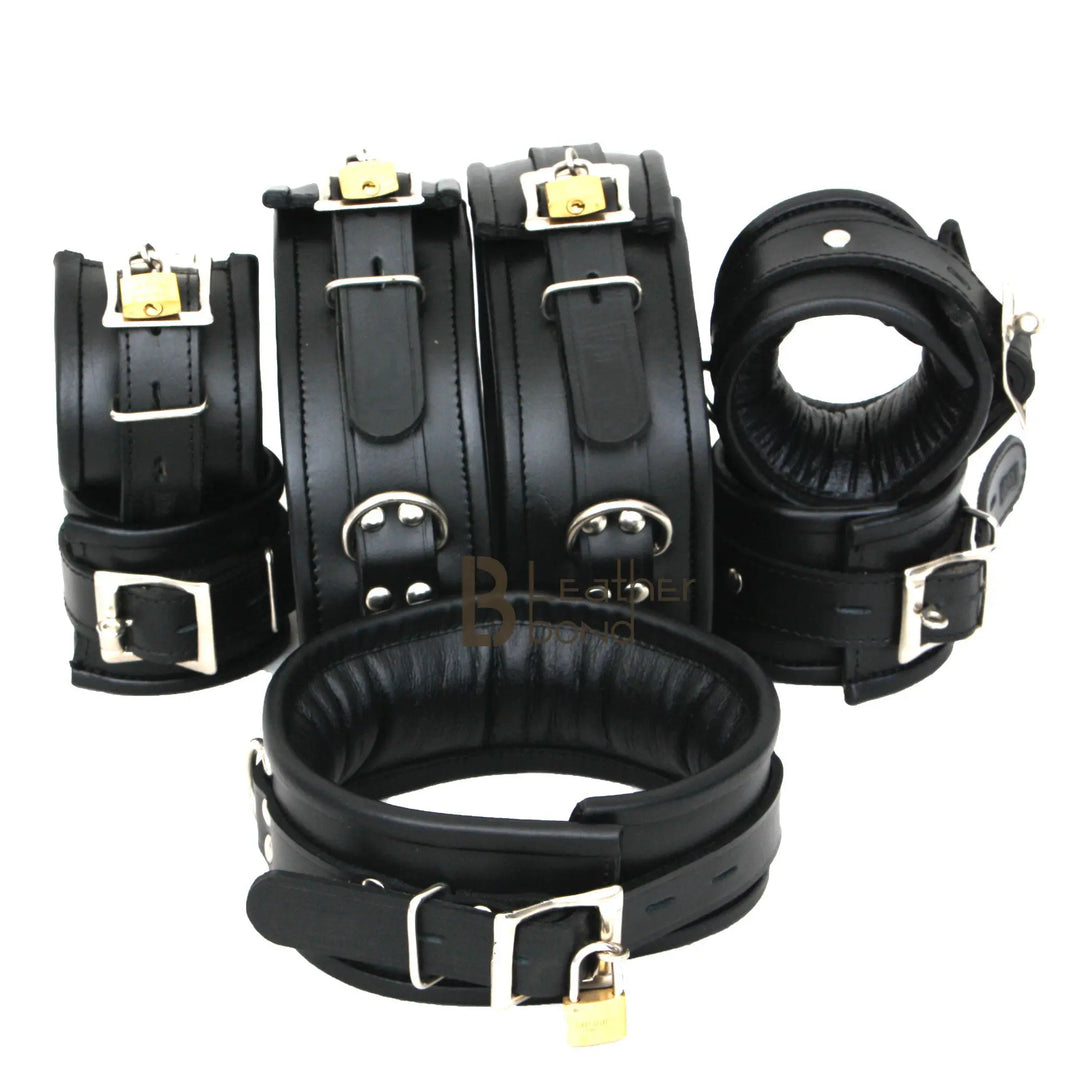 Real Cow Leather Wrist, Ankle Thigh Cuffs Collar Restraint Bondage Set Black Piece Padded Cuffs with Hogtie - Leather Bond