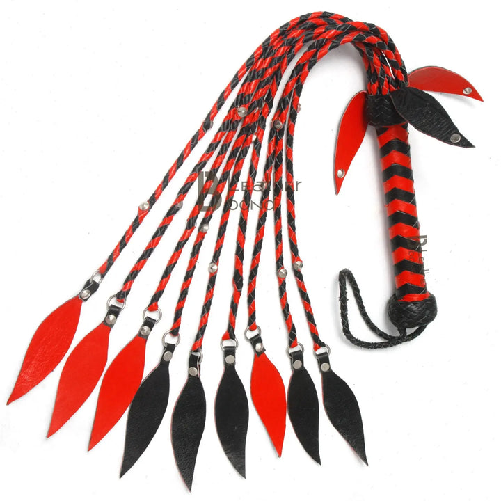 Real Leather Flogger Bull Hide Leather Flogger whip 09 Braided Falls Cat-o-nine Tails Steel Studs Red Black - Leather Bond