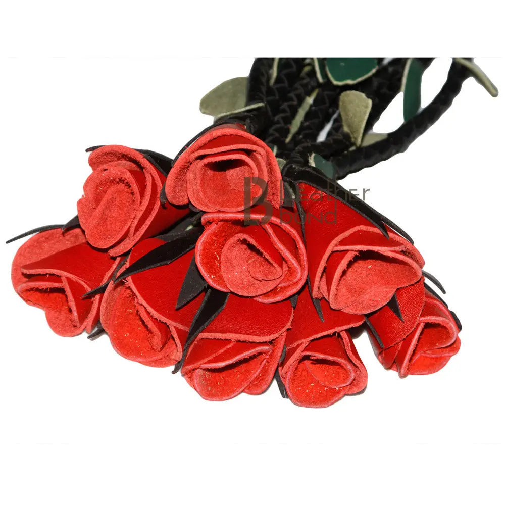 Real Genuine Cow Hide Leather Flogger 9 Braided Falls & Red Rose Heavy Duty Cat-o-nine Tails Flogger - Leather Bond