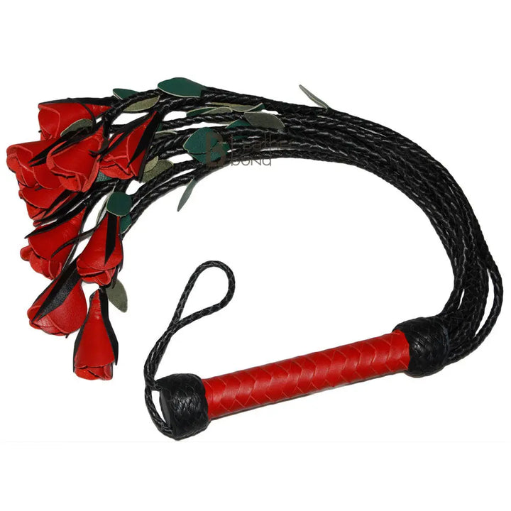 Real Genuine Cow Hide Leather Flogger 9 Braided Falls & Red Rose Heavy Duty Cat-o-nine Tails Flogger - Leather Bond