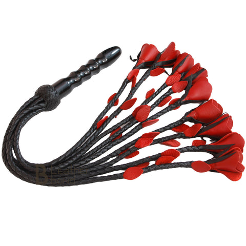 Real Genuine Cow Hide Leather Thuddy Flogger 9 Braided Falls & Heavy Red Roses - Leather Bond