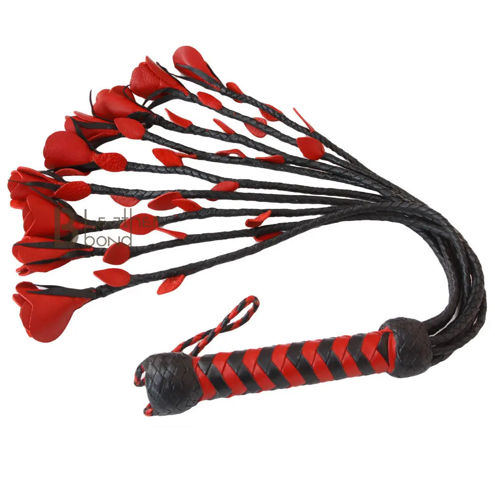 Real Genuine Cow Hide Leather Flogger 9 Braided Falls & Red Roses Heavy Duty Cat-o-nine Rose Flogger - Leather Bond