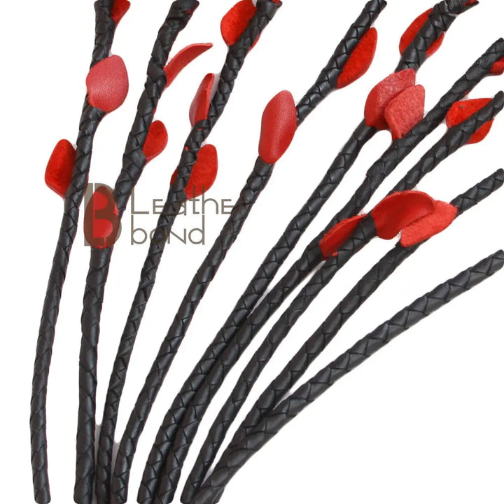 Real Genuine Cow Hide Leather Flogger 9 Braided Falls & Red Roses Heavy Duty Cat-o-nine Rose Flogger - Leather Bond