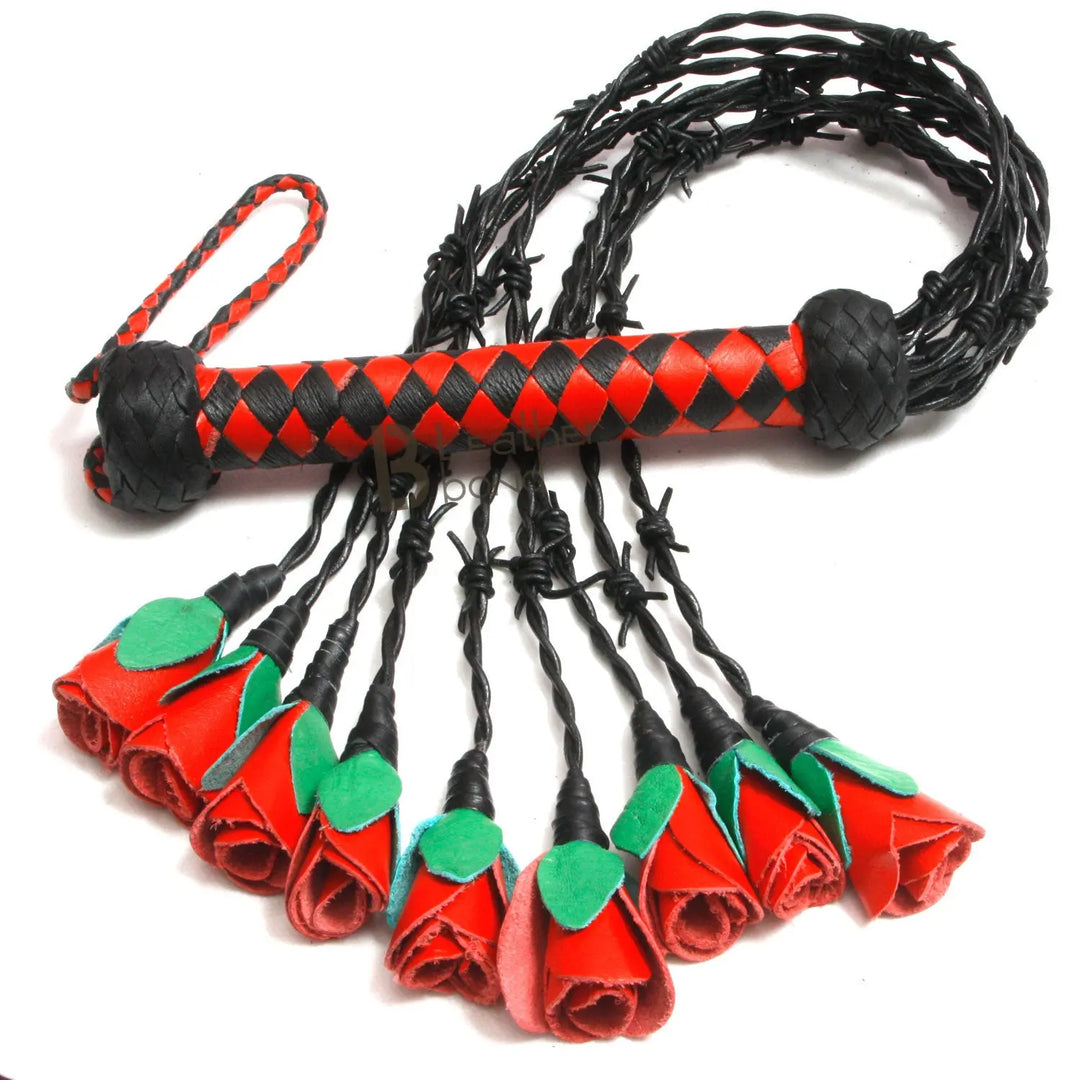 Real Genuine Cow Hide Leather Flogger 9 Braided Falls Heavy Roses & Thorny Cat-o-nine Tails Flog - Leather Bond