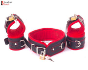 Real Cow Leather Wrist, Ankle Thigh Cuffs Collar Restraint Bondage Set Red Black 7 Piece Padded Cuffs - Leather Bond